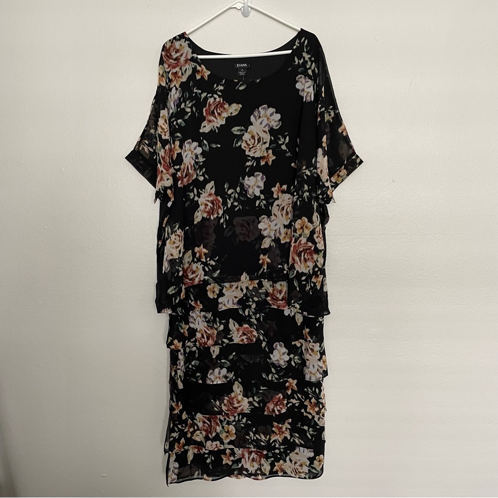 Evans Short Sleeve Overlay Dress Size 18 Floral Layered Dress Stretchy NEW